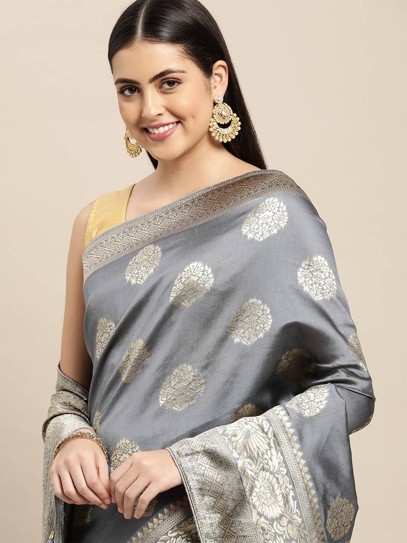grey banarasi silk blend jacquard woven golden zari butta saree with blouse piece