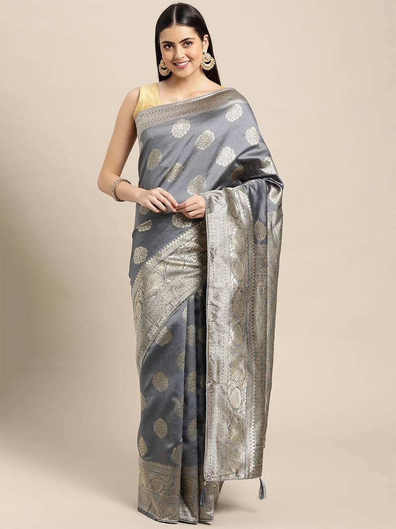 grey banarasi silk blend jacquard woven golden zari butta saree with blouse piece