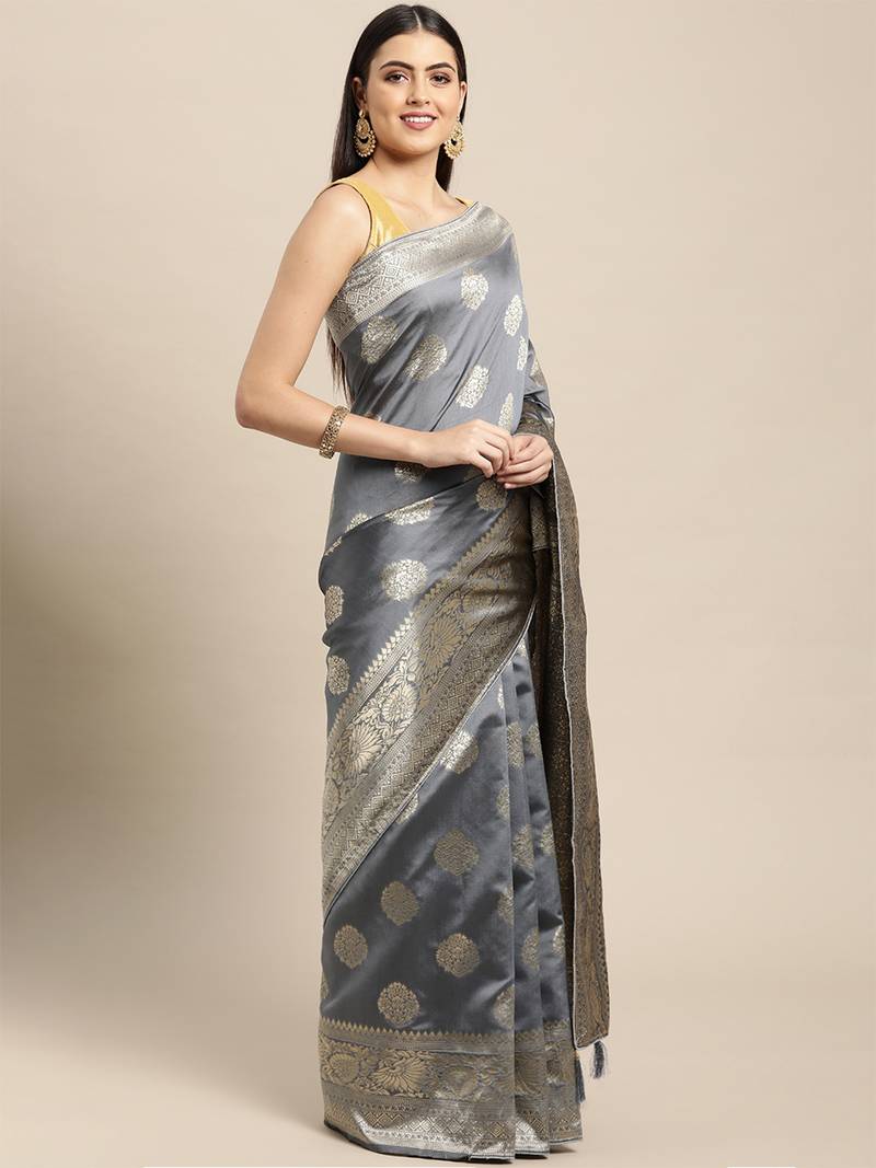 grey banarasi silk blend jacquard woven golden zari butta saree with blouse piece