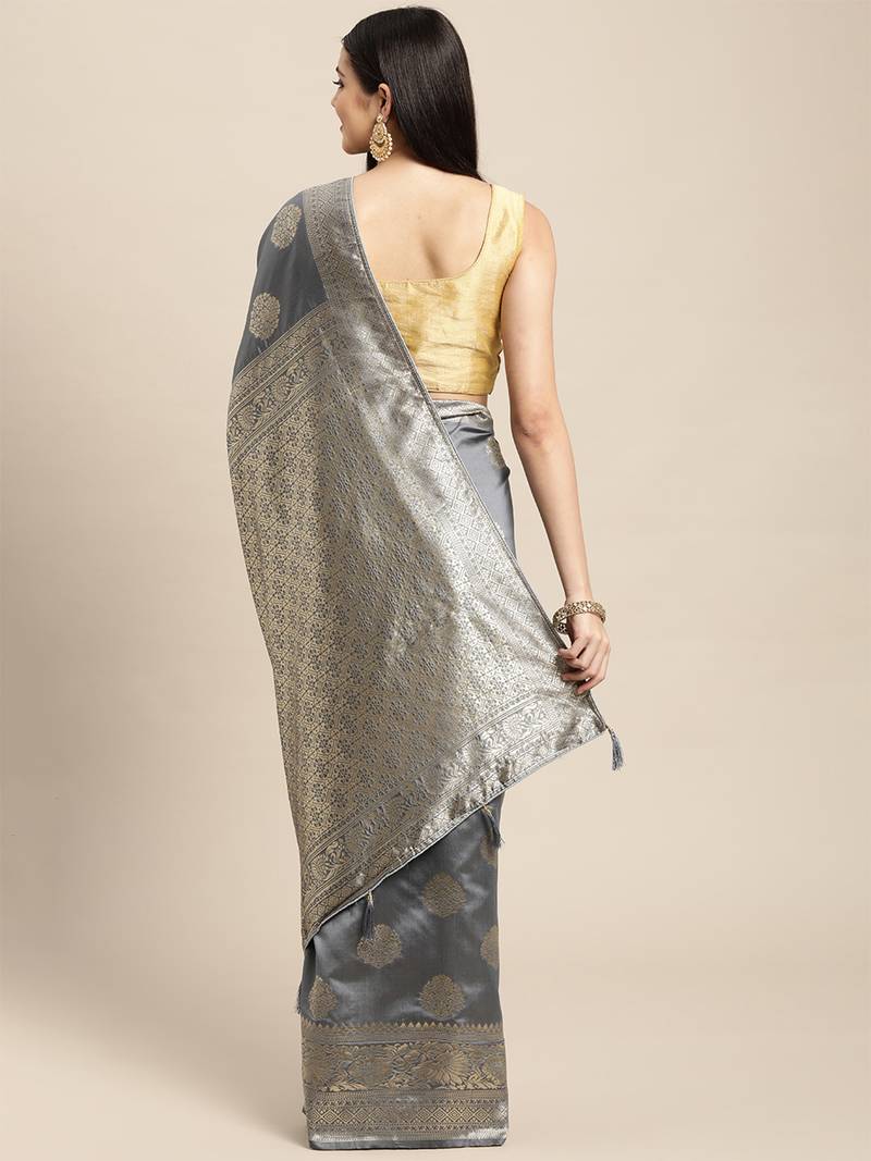 grey banarasi silk blend jacquard woven golden zari butta saree with blouse piece
