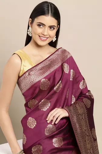 rust orange banarasi silk blend jacquard woven golden zari butta saree with blouse piece