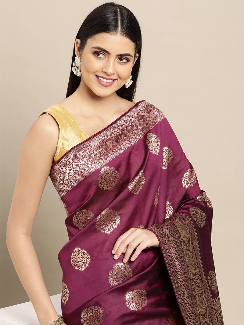 rust orange banarasi silk blend jacquard woven golden zari butta saree with blouse piece