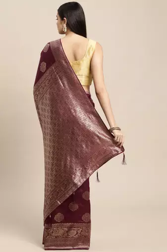 rust orange banarasi silk blend jacquard woven golden zari butta saree with blouse piece