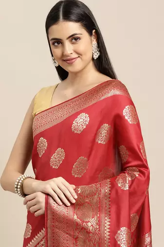 red banarasi silk blend jacquard woven golden zari butta saree with blouse piece