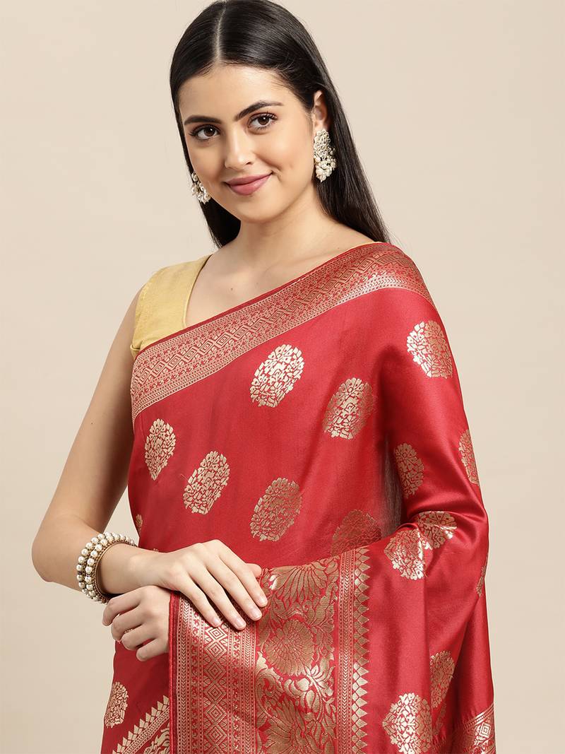 red banarasi silk blend jacquard woven golden zari butta saree with blouse piece