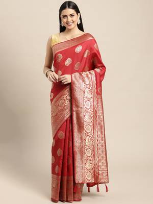 red banarasi silk blend jacquard woven golden zari butta saree with blouse piece 3