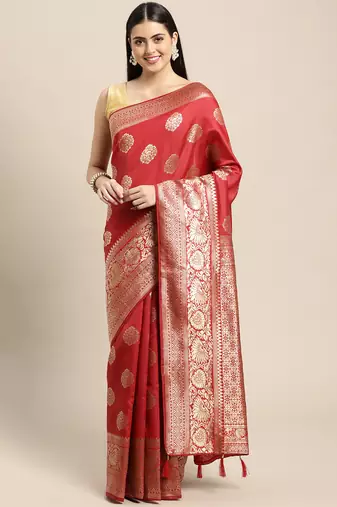 red banarasi silk blend jacquard woven golden zari butta saree with blouse piece