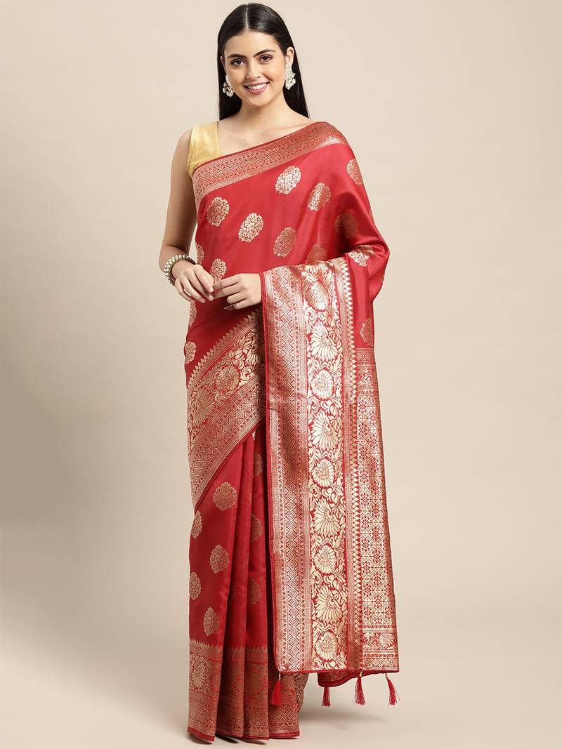 red banarasi silk blend jacquard woven golden zari butta saree with blouse piece