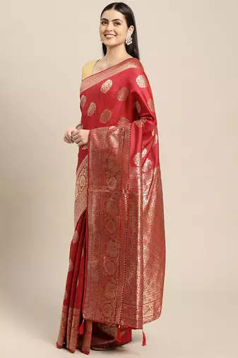 red banarasi silk blend jacquard woven golden zari butta saree with blouse piece