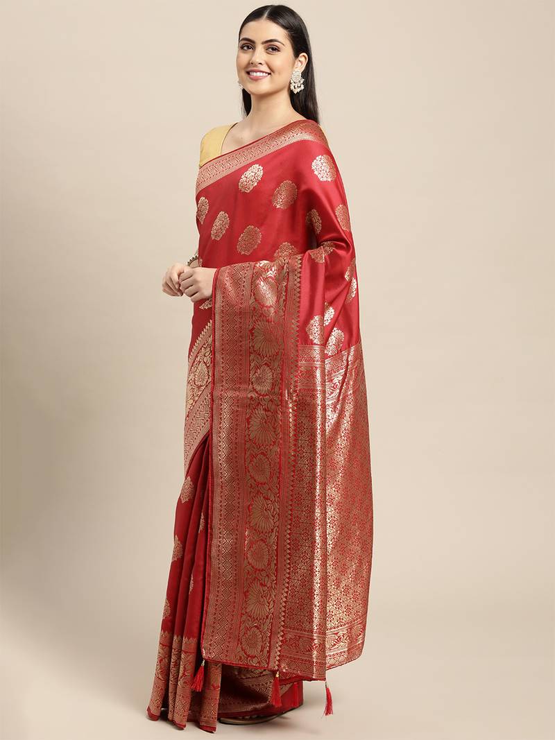 red banarasi silk blend jacquard woven golden zari butta saree with blouse piece