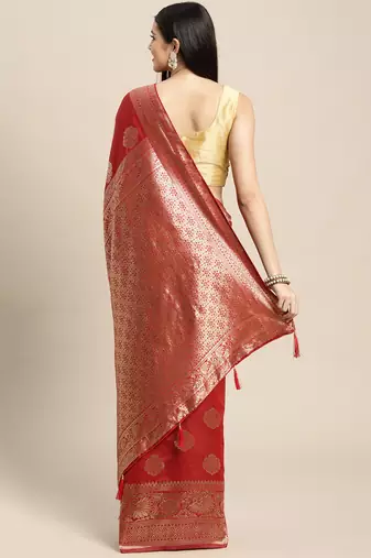 red banarasi silk blend jacquard woven golden zari butta saree with blouse piece