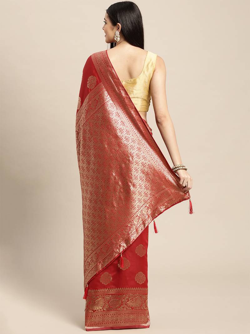 red banarasi silk blend jacquard woven golden zari butta saree with blouse piece