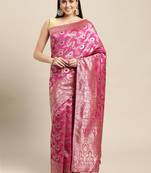 pink jacquard silk blend golden zari woven banarasi patola saree with blouse piece