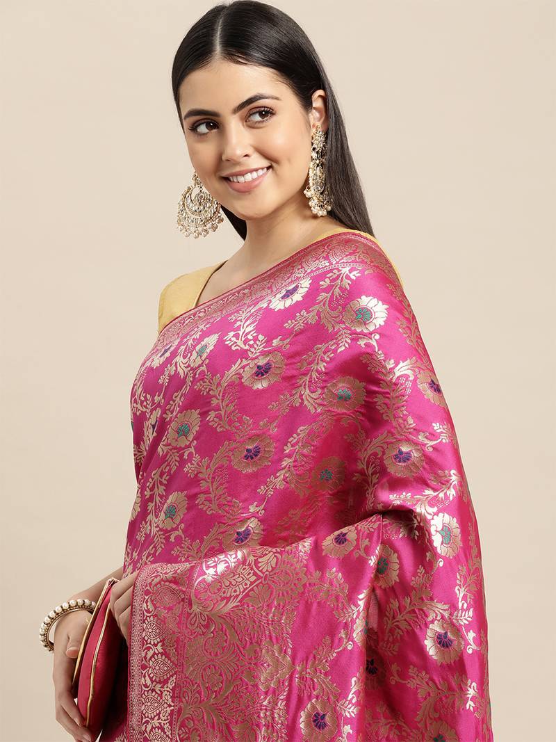 pink jacquard silk blend golden zari woven banarasi patola saree with blouse piece