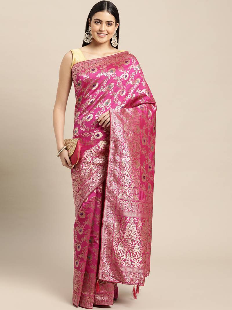 pink jacquard silk blend golden zari woven banarasi patola saree with blouse piece