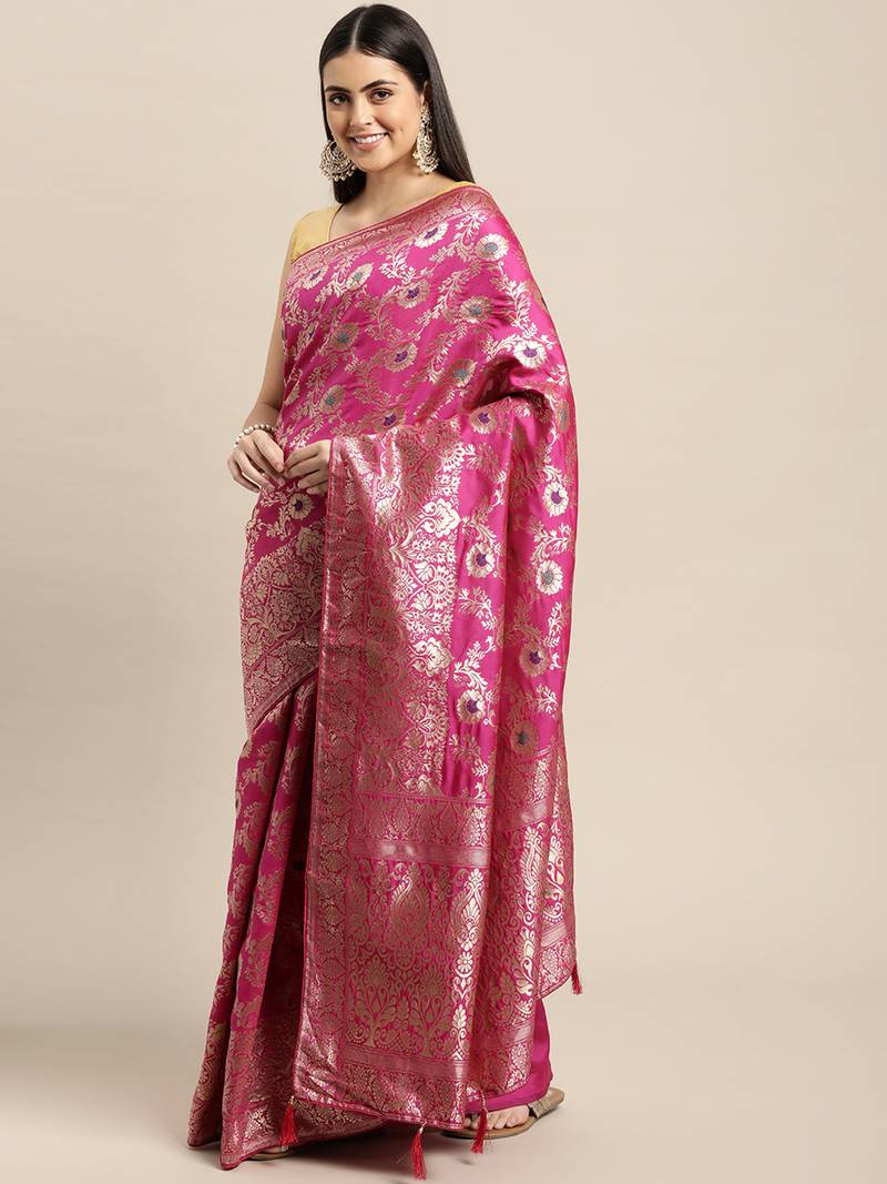 pink jacquard silk blend golden zari woven banarasi patola saree with blouse piece