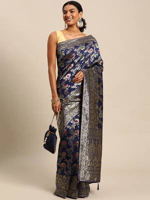 navy blue jacquard silk blend golden zari woven banarasi patola saree 1