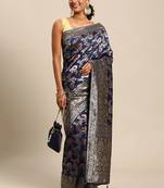 navy blue jacquard silk blend golden zari woven banarasi patola saree