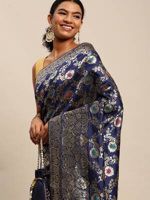 navy blue jacquard silk blend golden zari woven banarasi patola saree 2