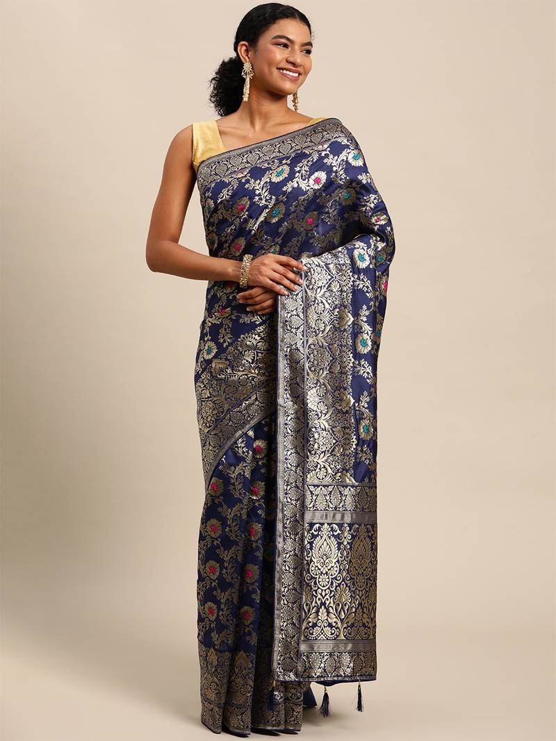 navy blue jacquard silk blend golden zari woven banarasi patola saree