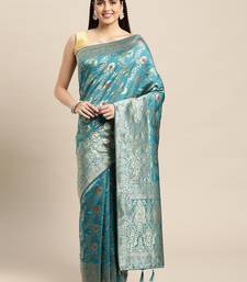 turquoise jacquard silk blend golden zari woven banarasi patola saree