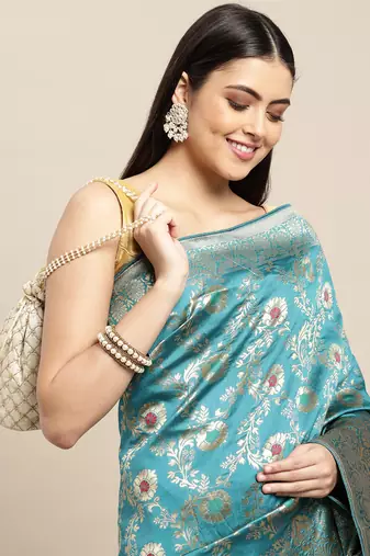 turquoise jacquard silk blend golden zari woven banarasi patola saree