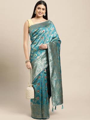 turquoise jacquard silk blend golden zari woven banarasi patola saree 3