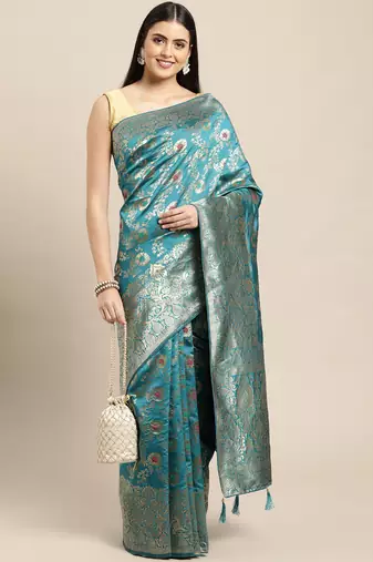 turquoise jacquard silk blend golden zari woven banarasi patola saree