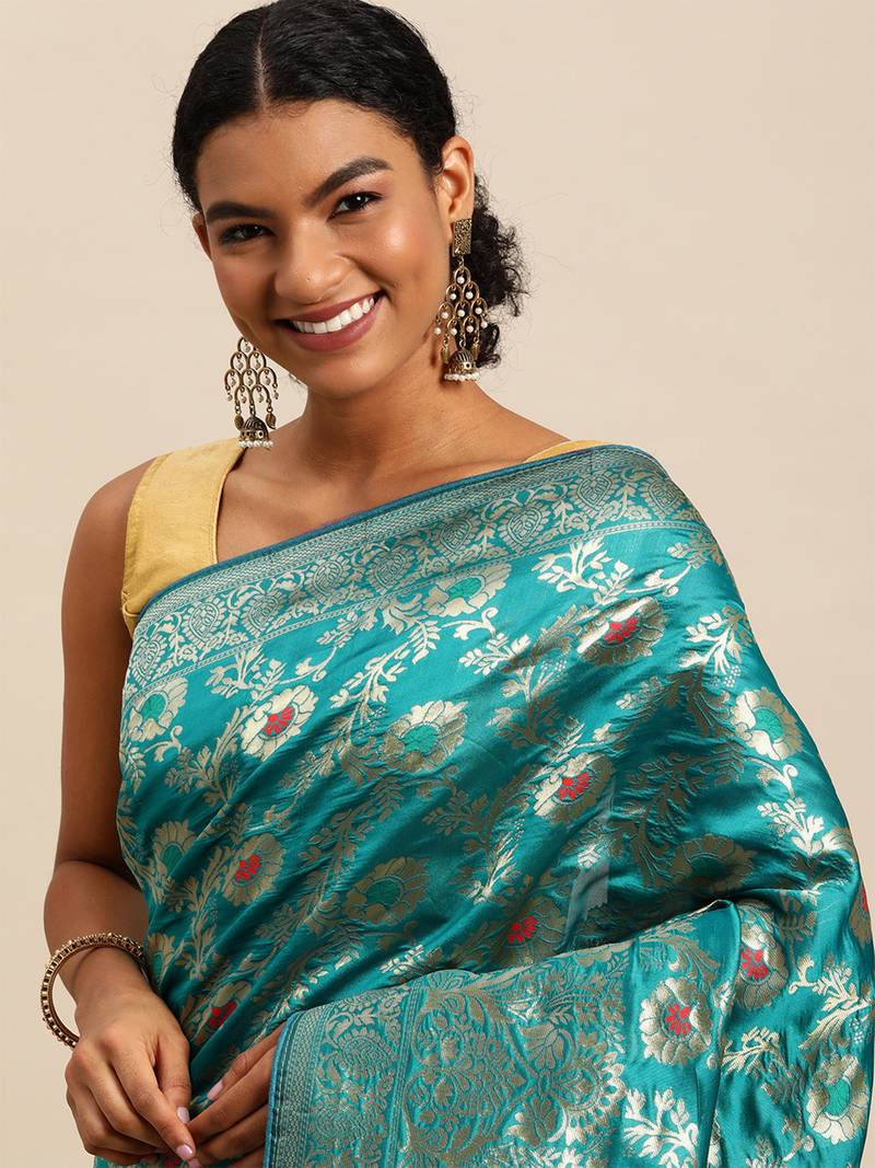 ocean green jacquard silk blend golden zari woven banarasi patola saree