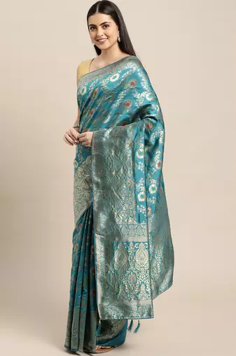 turquoise jacquard silk blend golden zari woven banarasi patola saree