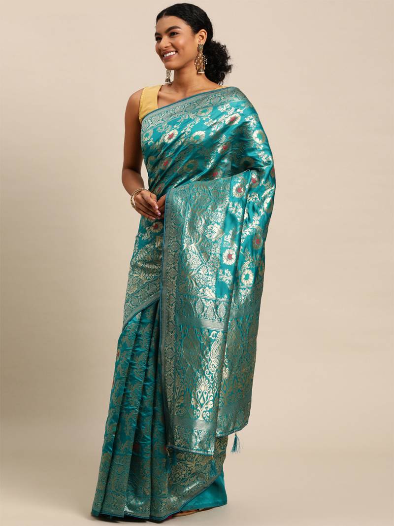 ocean green jacquard silk blend golden zari woven banarasi patola saree
