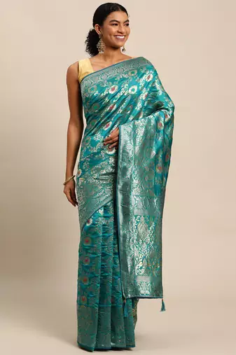 ocean green jacquard silk blend golden zari woven banarasi patola saree