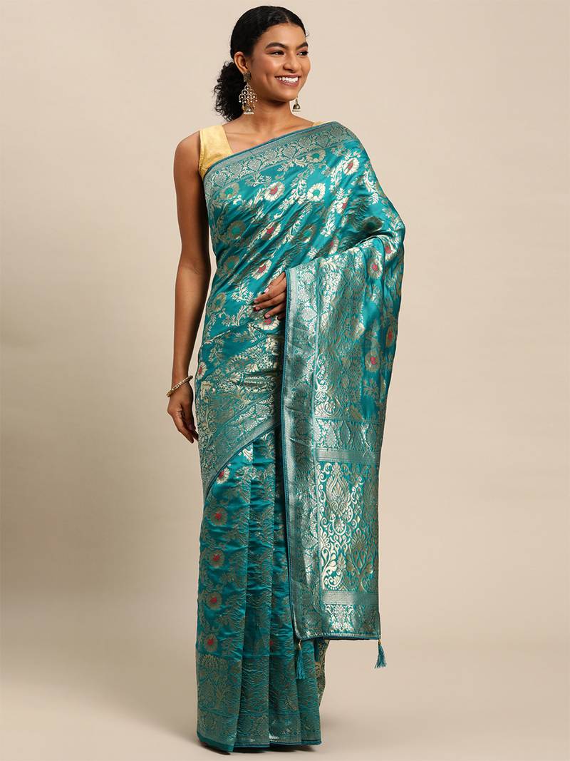 ocean green jacquard silk blend golden zari woven banarasi patola saree
