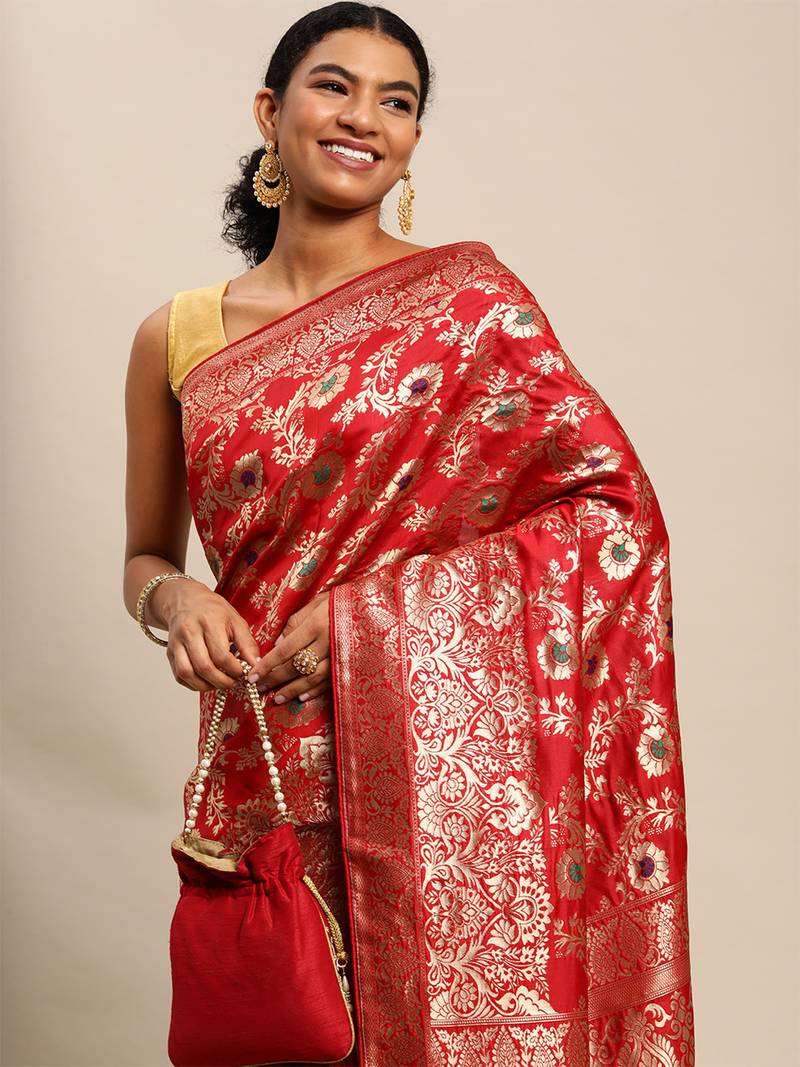 red jacquard silk blend golden zari woven banarasi patola saree