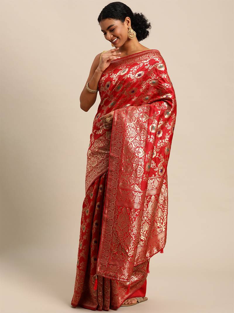 red jacquard silk blend golden zari woven banarasi patola saree