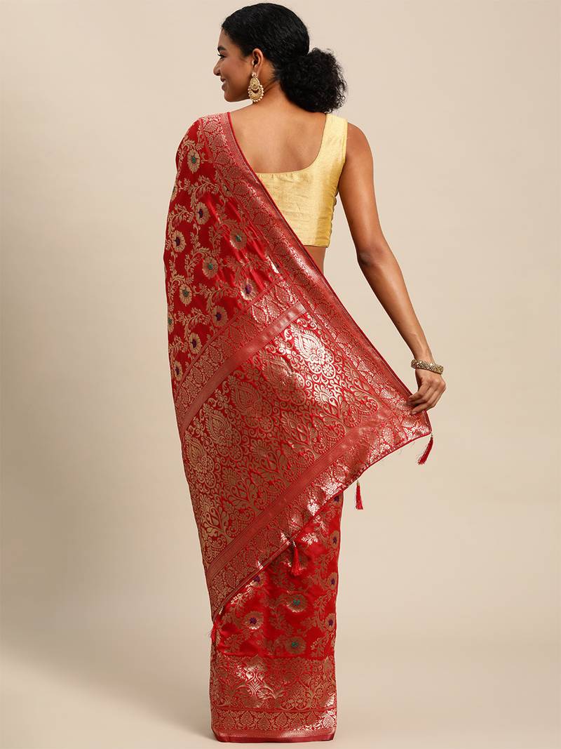 red jacquard silk blend golden zari woven banarasi patola saree