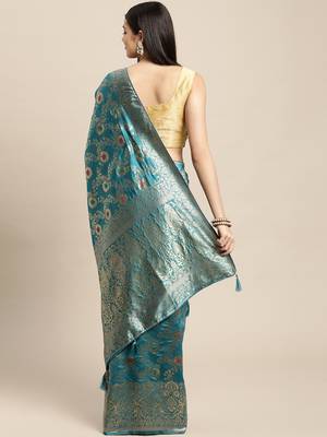 turquoise jacquard silk blend golden zari woven banarasi patola saree 5