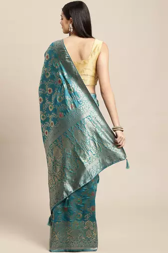 turquoise jacquard silk blend golden zari woven banarasi patola saree