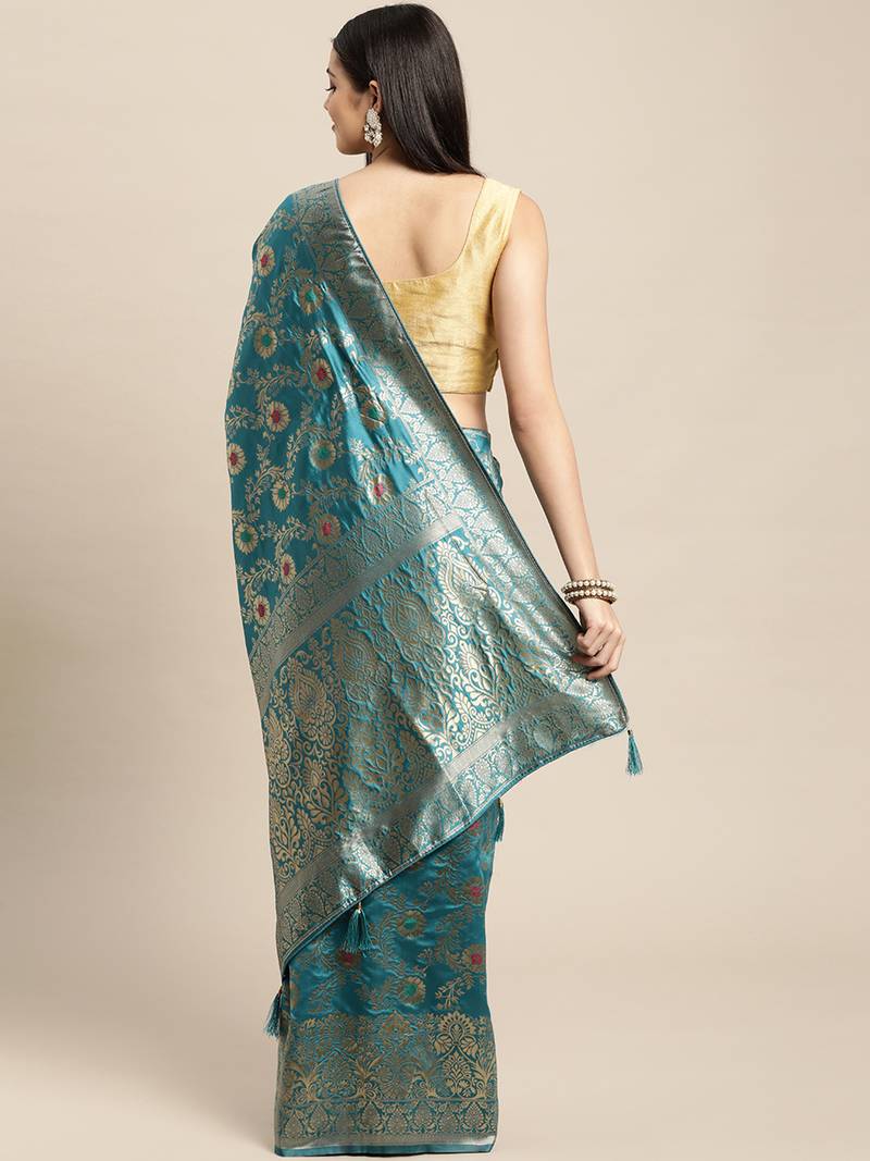 turquoise jacquard silk blend golden zari woven banarasi patola saree