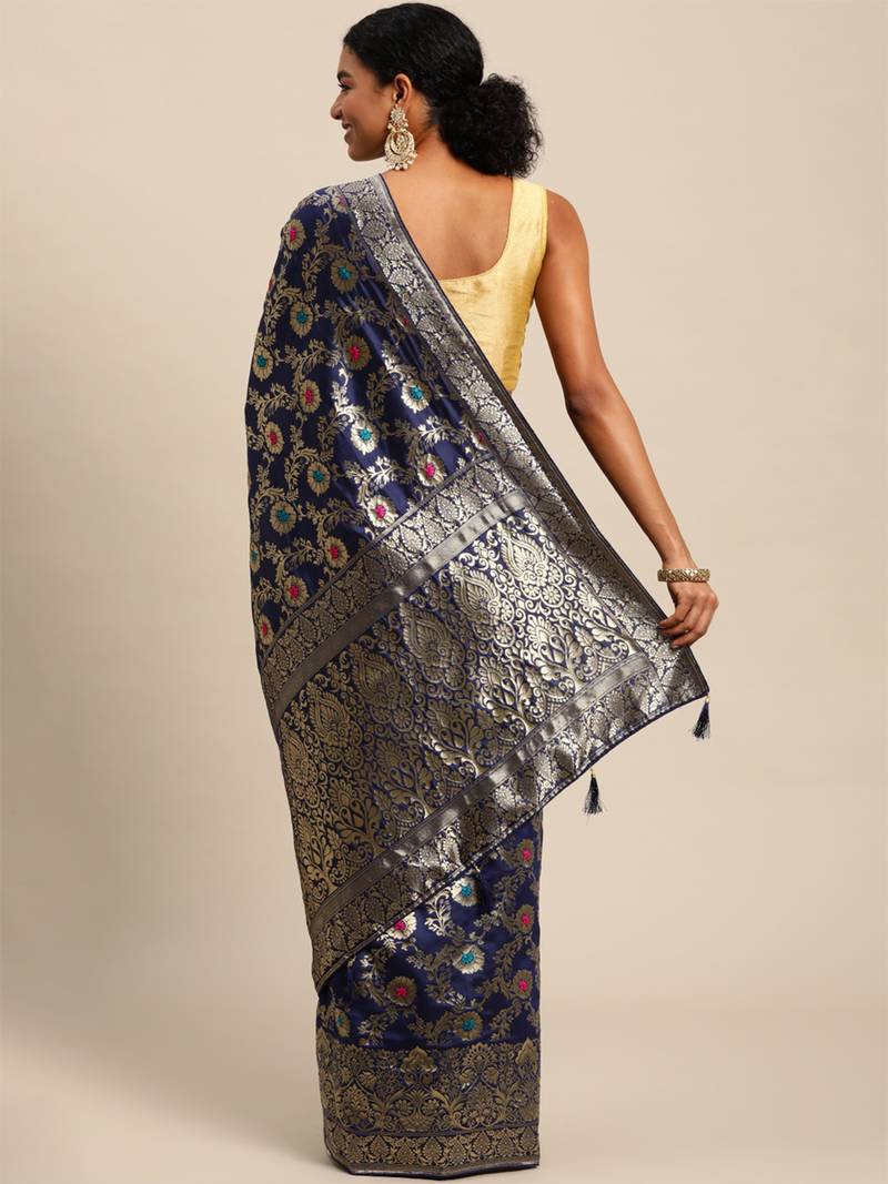 navy blue jacquard silk blend golden zari woven banarasi patola saree