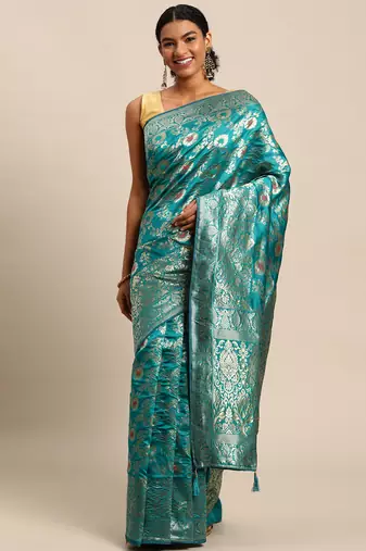 ocean green jacquard silk blend golden zari woven banarasi patola saree