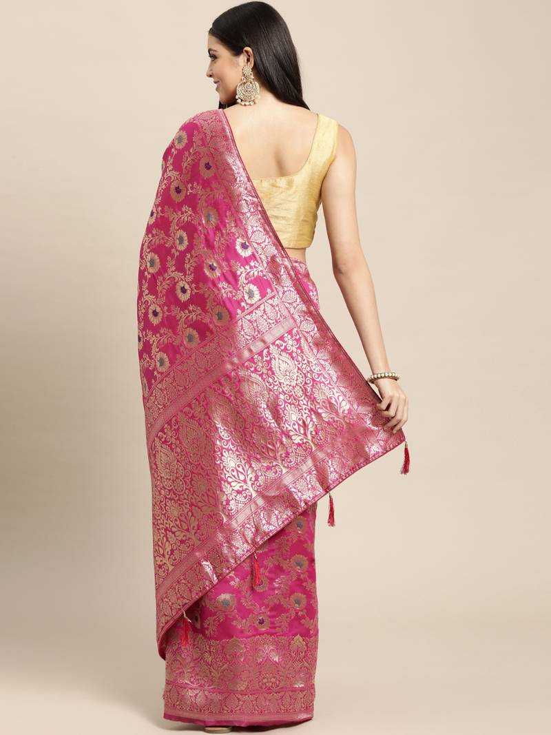 pink jacquard silk blend golden zari woven banarasi patola saree with blouse piece