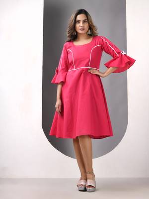 Fuchsia cotton solid fit & flared ethnic dress 1