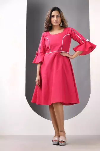 Fuchsia cotton solid fit & flared ethnic dress