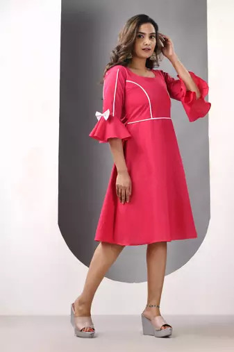 Fuchsia cotton solid fit & flared ethnic dress