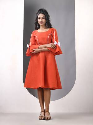 Orange cotton solid fit & flared ethnic dress 1