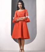 Orange cotton solid fit & flared ethnic dress