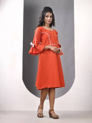 Orange cotton solid fit & flared ethnic dress 2