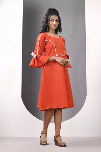 Orange cotton solid fit & flared ethnic dress