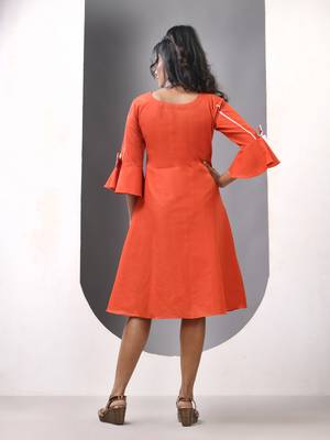 Orange cotton solid fit & flared ethnic dress 3